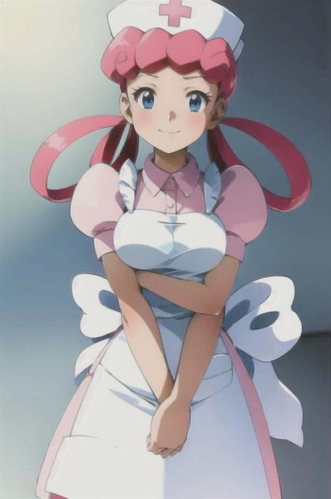 (masterpiece, Highest quality:1.2), nurse joy, Pokemon, blue eyes, Mouth closed, Long Hair, Pink Hair, Short sleeve, nurse, blush, Holding, puffy Short sleeve, Large Breasts, Puff sleeves, nurse cap, One girl, View your viewers, smile, alone, Have, dress, apron, Hair Ring, clipboard