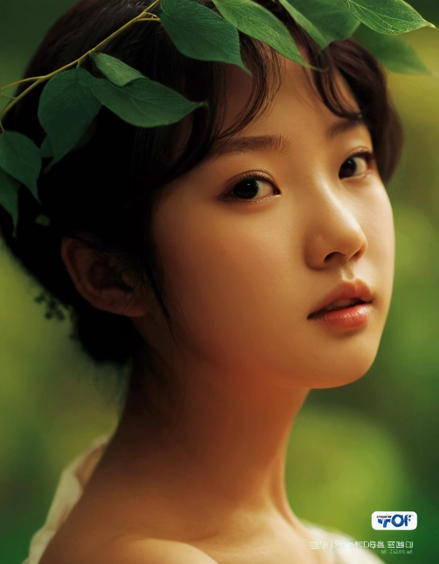 Close-up of a woman with leaves on her head, Jinyoung Shin, young cute wan Asian face, ใบหน้าKorean girlที่น่ารัก, The face of a beautiful Japanese girl, Korean girl, beautiful beautiful face, The detailed face of an Asian girl, A lovely, delicate face., beautiful south korean women, Asian face, young asian girl, Kwak Ji Young, Portrait of a Japanese teenager