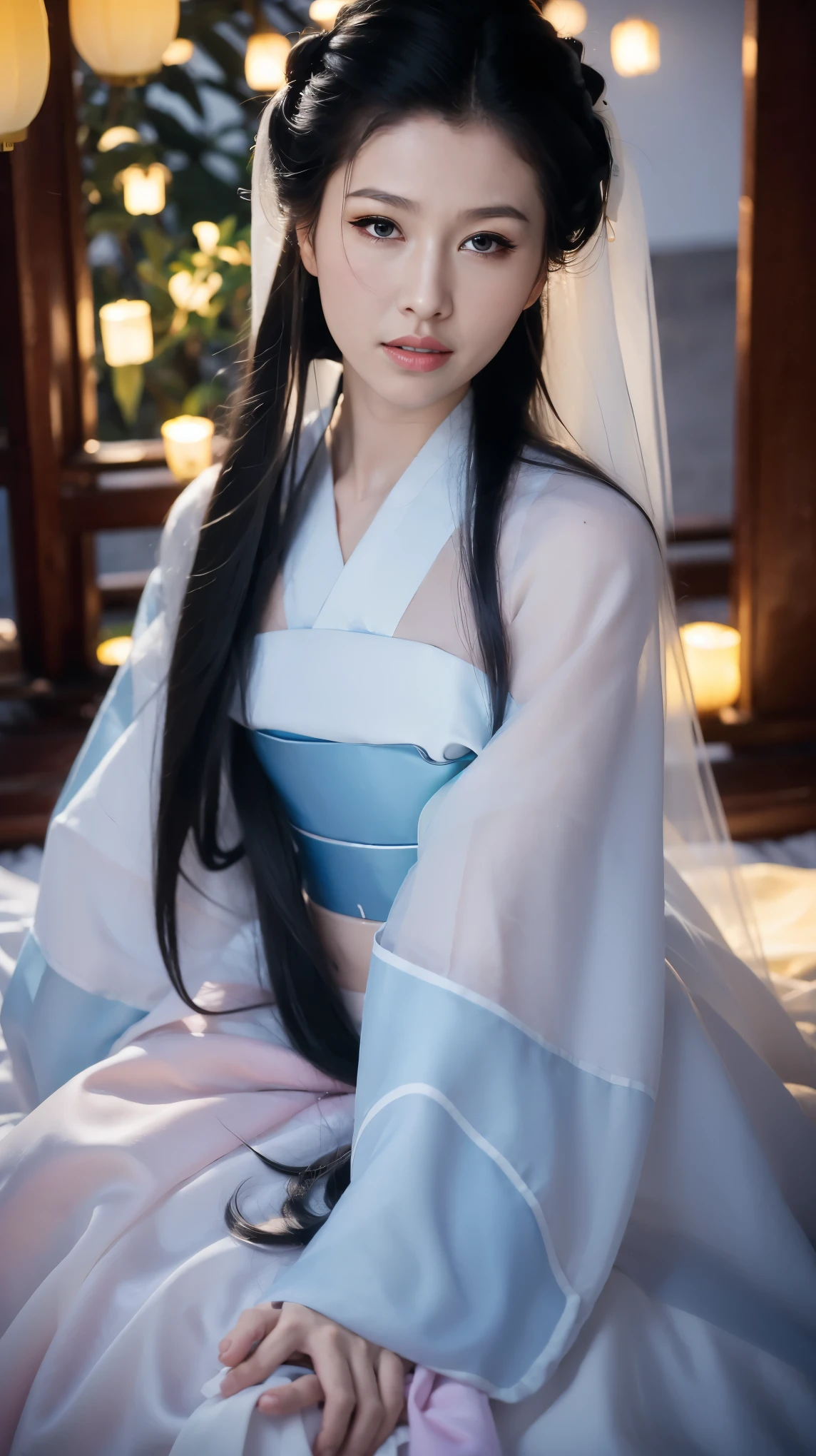 1 fashion model 18 years old [[[[close up]]]], [[[[neck]]]], [[[[Shoulder]]]], (((Complete head)))，(((Complete hairstyle)))，Perfect eyes, Perfect Iris，Perfect lips，Perfect Teeth，Perfect skin，White skin，Soft headlight，High-density imaging，Black long hair，（Clean and delicate face），((Simple white Hanfu))，((Half-length photo))，((night))，((Chinese Lanterns))，((Various dynamic poses))，((The background is the bedroom))，best quality，masterpiece，（Soft colors：1.2）