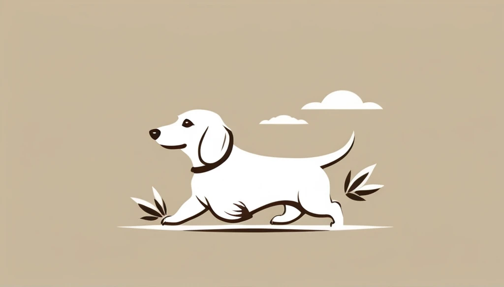 Logo of a fashionable Japanese brandDachshund logoCool dachshund logoDachshund sticking out his tongue、laughing、The jumping logo is a white and brown dachshund. You can see it wagging its tail.、Lush、traditional japanese townscape、Bamboo grove、Bamboo leaf、A pretty cool chic and modern design of a man running around in a high-end Japanese flower field. The background is white.