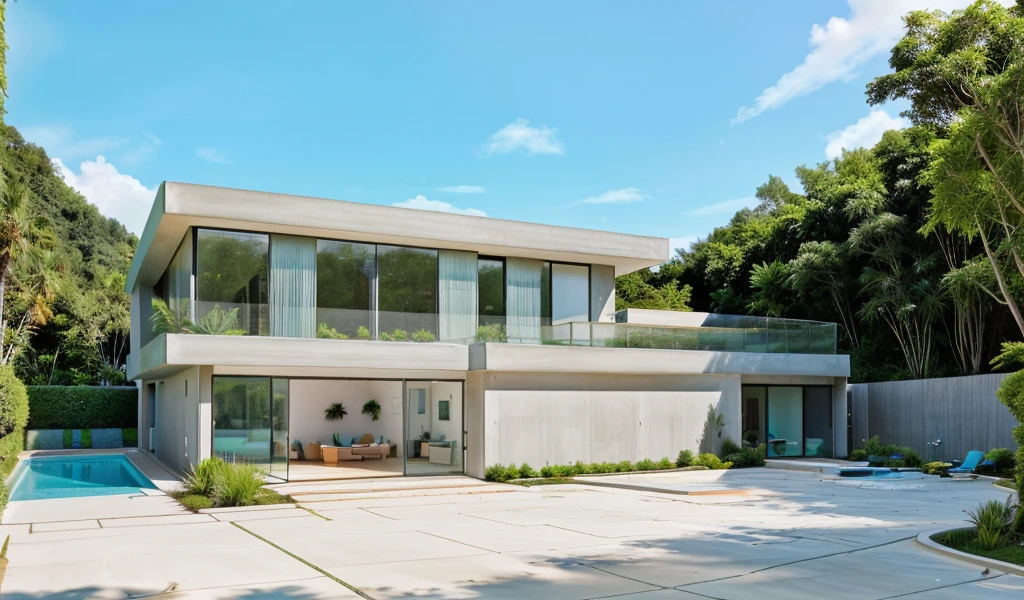 MODERN HOUSE, A wide-angle shot shows the front view of a contemporary two-story villa with glass windows, surrounded by lush greenery. It features an outdoor pool area with natural light. Stone pathways lead to the swimming pool in the yard, adorned with vibrant plants, Taken on a Cn EOS R5, white wall, concrete, ((big front yard)),