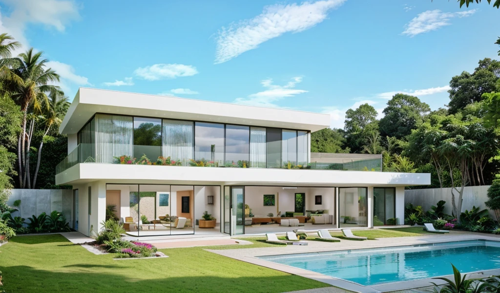 MODERN HOUSE, A wide-angle shot shows the front view of a contemporary two-story villa with glass windows, surrounded by lush greenery. It features an outdoor pool area with natural light. Stone pathways lead to the swimming pool in the yard, adorned with vibrant plants, Taken on a Canon EOS R5, white wall, concrete, ((big front yard)),