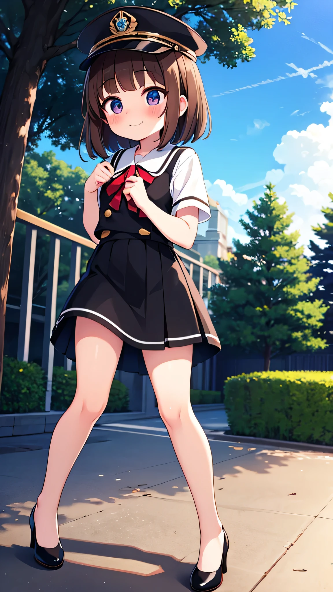 {Highest quality}, {Super beautiful},{Ultra fine},{Best illustration},Brown Hair,Hime cut,semi-long,Bangs,Standing Woman,Uniform cap,White Shirt,Short sleeve,Long black skirt,Night Park,Embarrassed,smilingly,Blushing,Slender women, A woman wearing plain black pumps,Bare feet and pumps,From an angle,From above,Raise one leg
