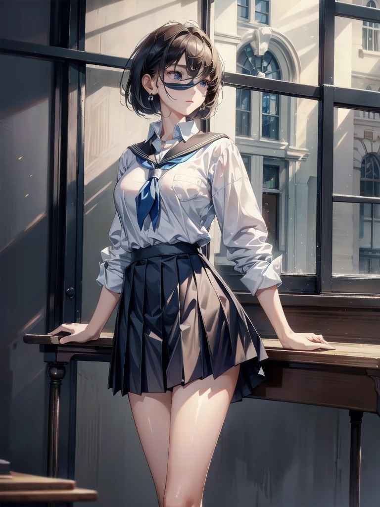1 girl, teenage, skinny, German, open lips, cosmetic, classroom, light, glow, thigh, clavicle, (masterpiece), wallpaper, worried