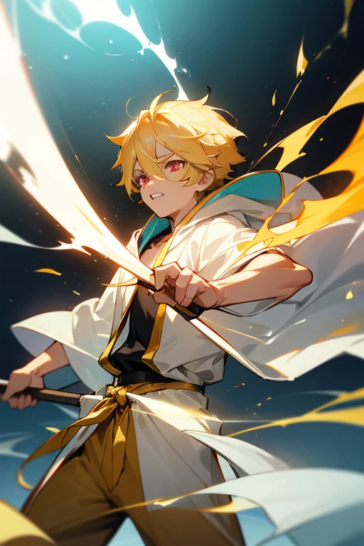 A beautiful 7-year-old boy with blond hair, red eyes and golden energy surrounding him, still young. He is wearing a white robe with gold trim. A sense of speed. A boy of about 10 years old with black hair, cyan and yellow heterochromatic eyes, light emanating from his eyes, wearing a black hoodie, blocks the drop kick with his cross guard. A sense of speed. He is gritting his teeth.