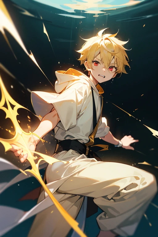 A beautiful 7-year-old boy with blond hair, red eyes and golden energy surrounding him, still young. He is wearing a white robe with gold trim. A sense of speed. A boy of about 10 years old with black hair, cyan and yellow heterochromatic eyes, light emanating from his eyes, wearing a black hoodie, blocks the drop kick with his cross guard. A sense of speed. He is gritting his teeth.
