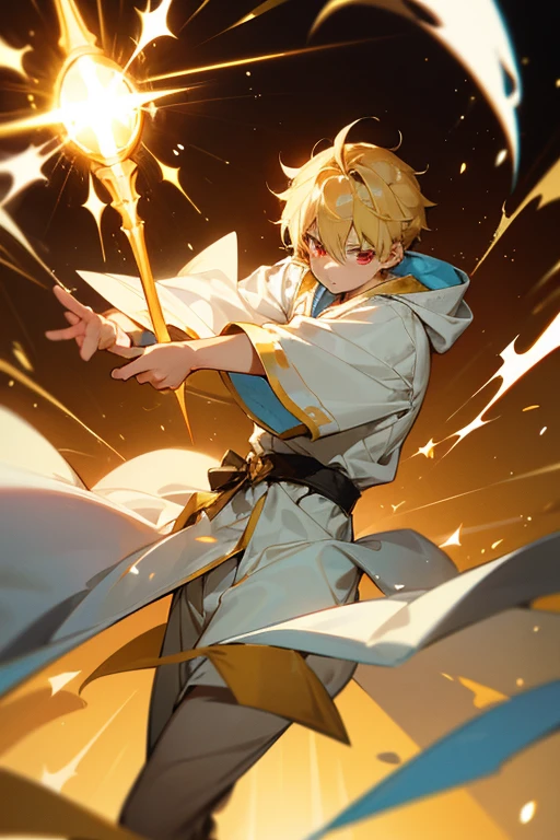 A beautiful 7-year-old boy with blond hair, red eyes and golden energy surrounding him, still young. He is wearing a white robe with gold trim. A sense of speed. A boy of about with black hair, cyan and yellow heterochromatic eyes, light emanating from his eyes, wearing a black hoodie, blocks the drop kick with his cross guard. A sense of speed. He is gritting his teeth.
