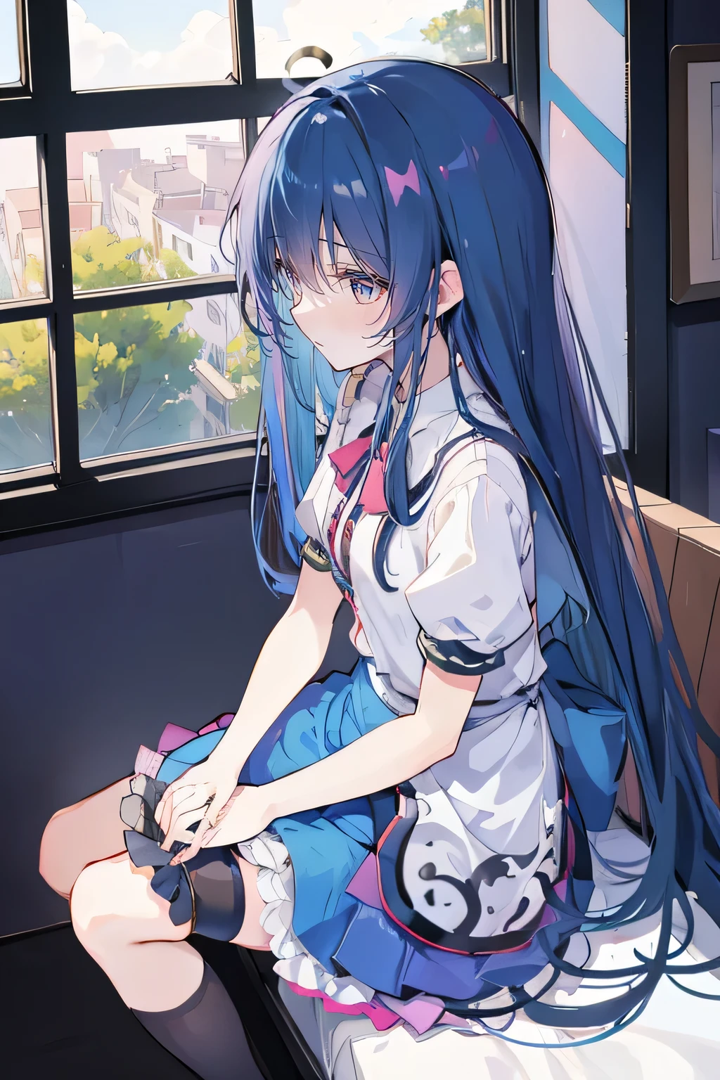 Anime Girl sitting on window sill drinking coffee and looking out the window, (Anime Girl), Anime cute art style, seductive Anime Girl, Beautiful anime high school, Cute girl anime visual, Night Core, Best Girl in Anime, young Anime Girl,dark blue long hair,Sit by the window