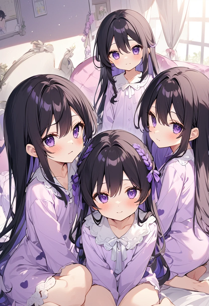 Keito。Purple pajamas。Purple Eyes。Black Hair。Six Barefoot Sistery eldest daughter has lavender hair.。all female。Sextuplets。Purple bed