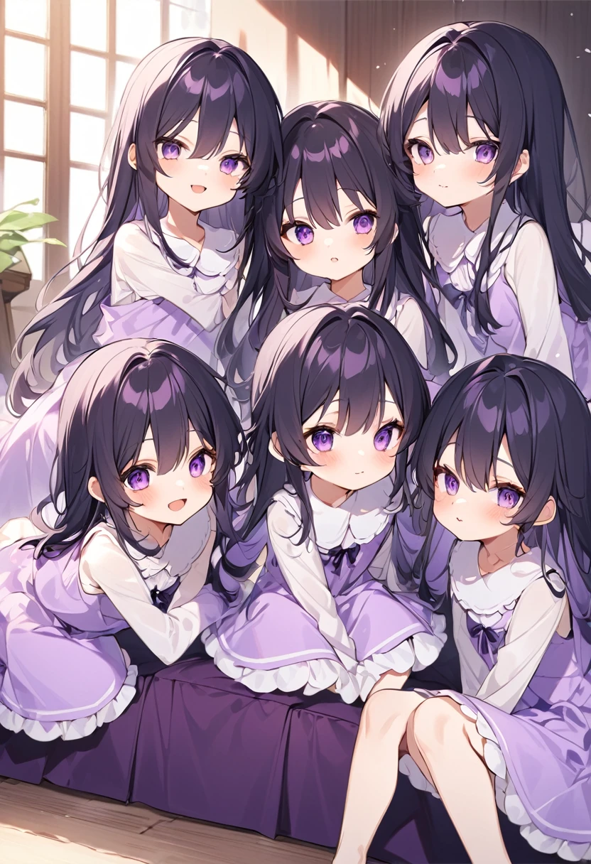 Keito。Purple pajamas。Purple Eyes。Black Hair。Six Barefoot Sistery eldest daughter has lavender hair.。all female。Sextuplets。Purple bed