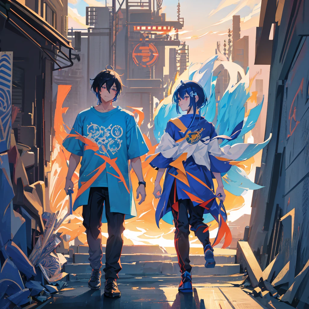 Japanese anime style, Gaming texture cover style, A close up of A man Person Walking Facing Right, high angle perspective, a Mouth Smile, Boys Face style, Black with Blue Japanese Hairstyles For Men, Yellow_Eyes, skill Efforts, light, Blue flames cool, High, a anime Highest style, Blue Hair, powerful, T-shirts, Color cape Blue, a in cool Realistis, a scenery sunset background Buram Perbesaran, digital anime style, sunset, UHD, Lens flare, digital Style, manga cover style, 3d cg rendering, HD Best quality