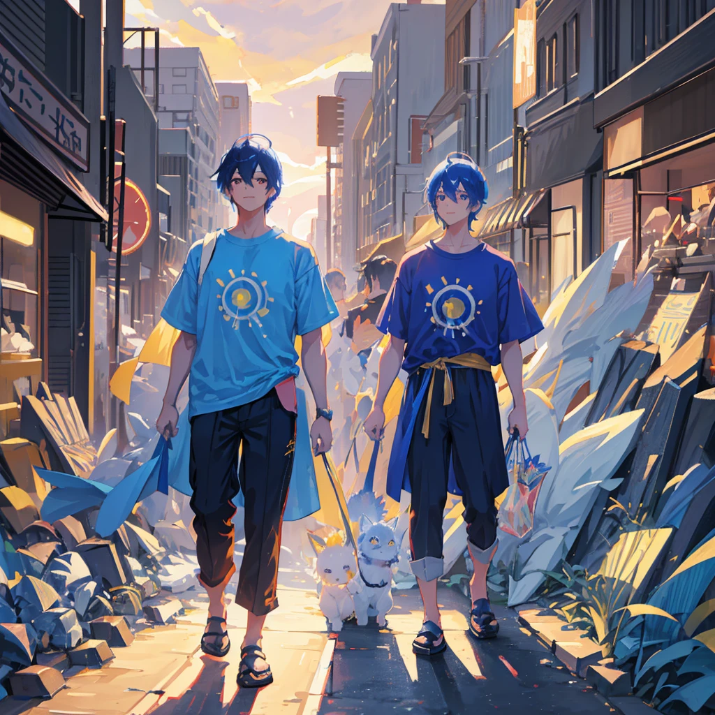 Japanese anime style, Gaming texture cover style, A close up of A man Person Walking Facing Right, high angle perspective, a Mouth Smile, Boys Face style, Black with Blue Japanese Hairstyles For Men, Yellow_Eyes, skill Efforts, light, Blue flames cool, High, a anime Highest style, Blue Hair, powerful, T-shirts, Color cape Blue, a in cool Realistis, a scenery sunset background Buram Perbesaran, digital anime style, sunset, UHD, Lens flare, digital Style, manga cover style, 3d cg rendering, HD Best quality