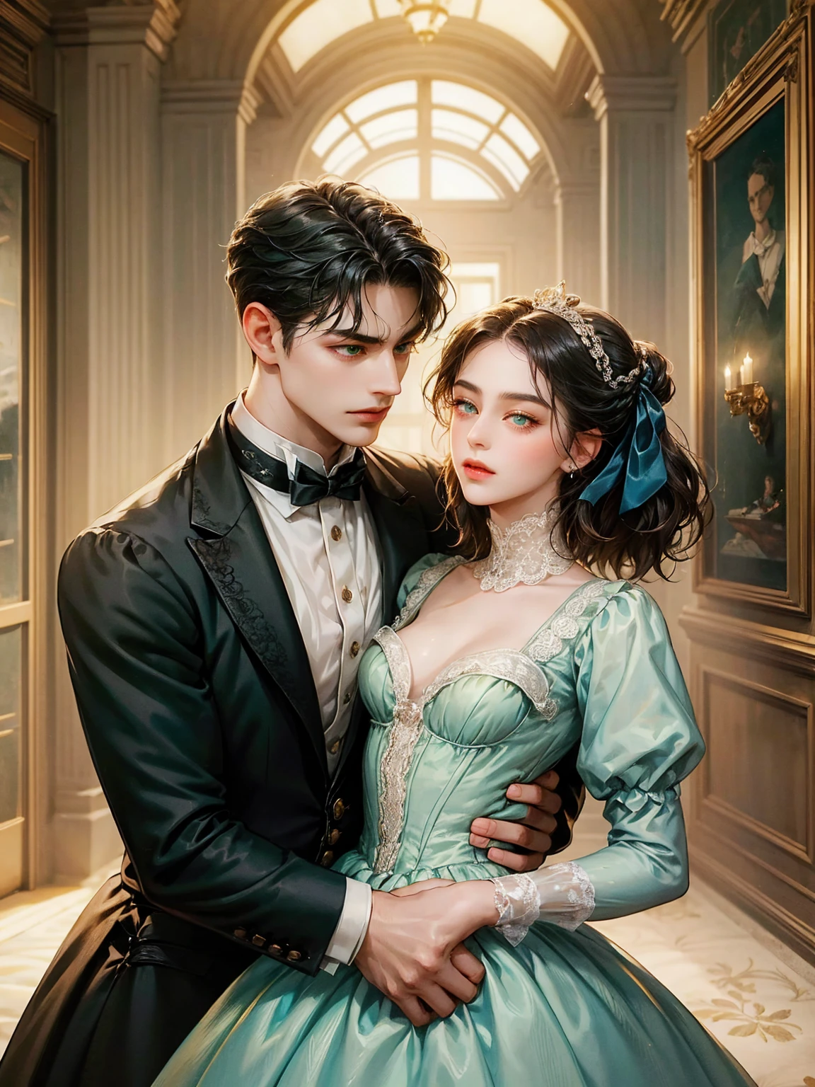 Couple, 1 girl 1 boy. Different hair color, chignon black hair and green eyes, small breast, victorian era unglued dress, short black hair, wavy hair and (sky blu eyes) , male Victorian era dress. They look at the viewers. They hug. Background inside of a hall