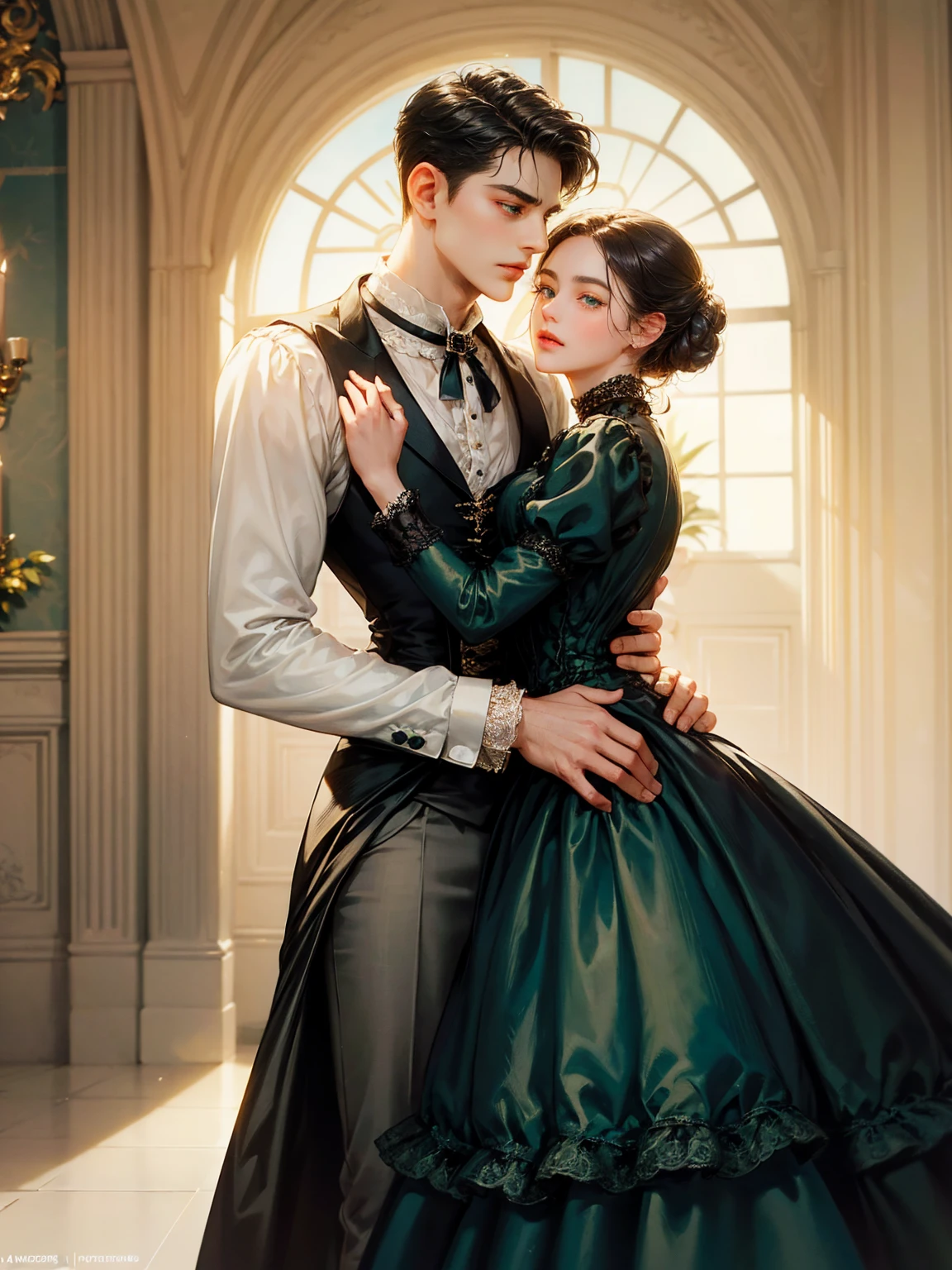 Couple, 1 girl 1 boy. Different hair color, chignon black hair and green eyes, small breast, victorian era unglued dress, short black hair, wavy hair and (sky blu eyes) , male Victorian era dress. They look at the viewers. They hug. Background inside of a hall
