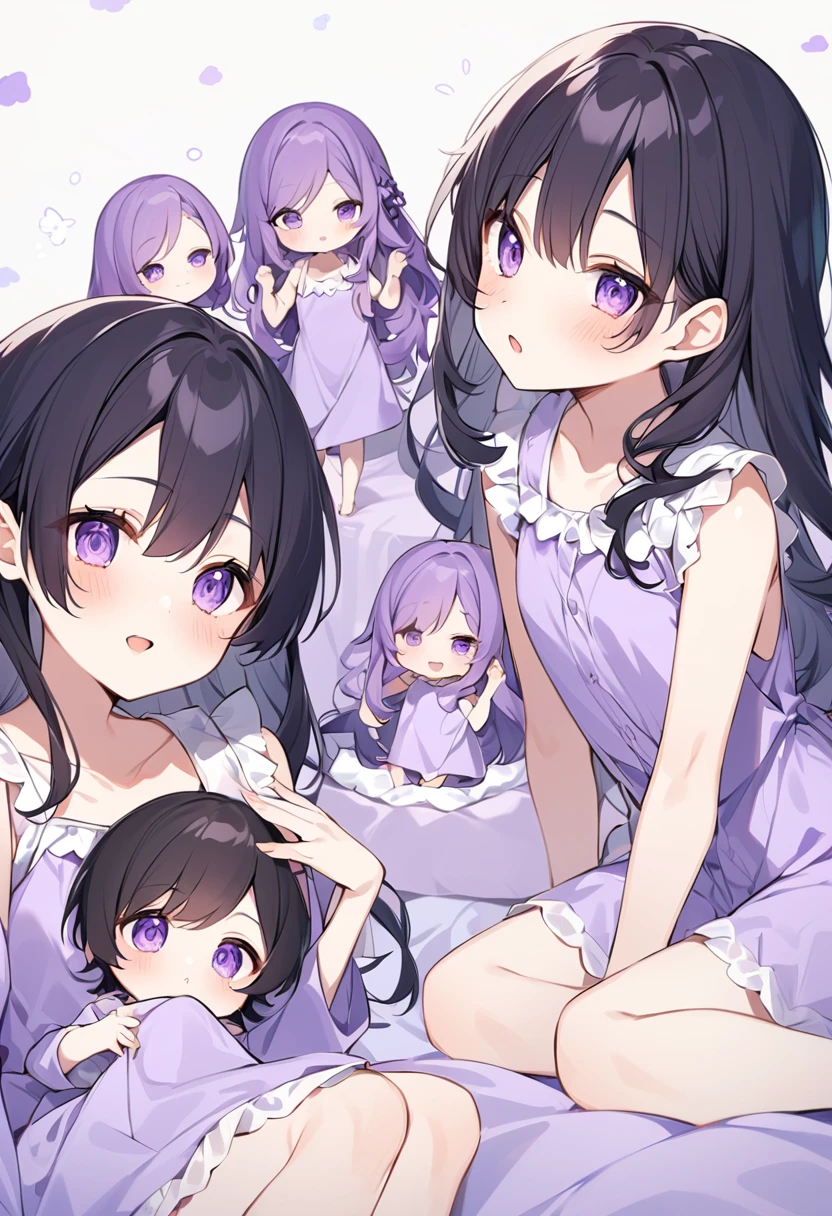 Keito。Purple pajamas。Purple Eyes。Black Hair。Six Barefoot Sistery eldest daughter has lavender hair.。all female。Sextuplets。Purple bed