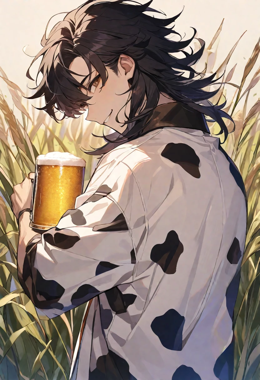 Solo,handsome,
1. male,
bangs,straight hair,Bob Hair, mash hair ,the back of one's neck,
black hair,
Gojo Satoru ,
brown Eyes,Soft look,
beautiful,sexly,Darkness,
cow-patterned clothes,smile, drink beer,
simple background ,
meadow background,