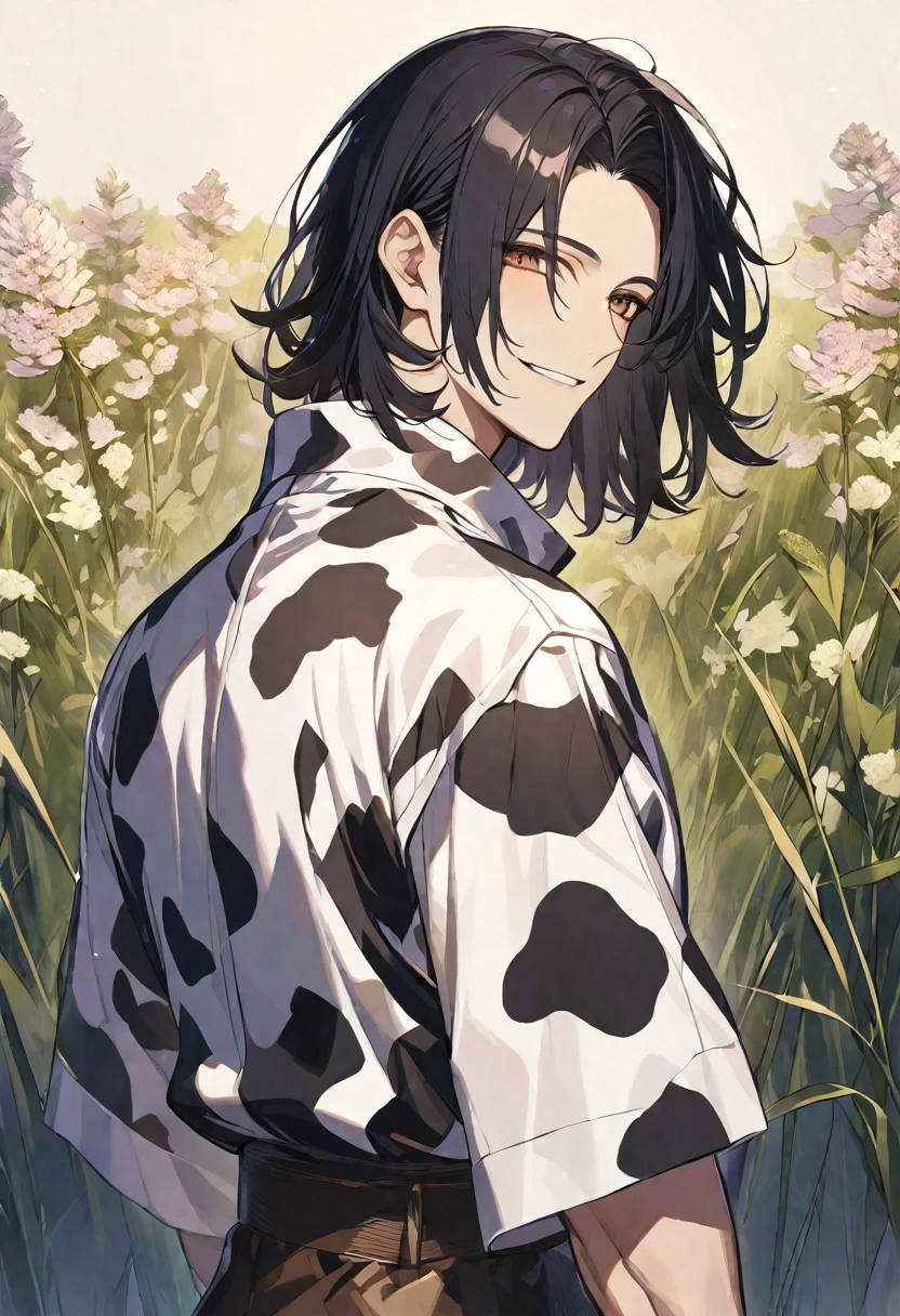 Solo,handsome,
1. male,
bangs,straight hair,Bob Hair, mash hair ,the back of one's neck,
black hair,
Gojo Satoru ,
brown Eyes,Soft look,
beautiful,sexly,Darkness,
cow-patterned clothes,smile, drink beer,
simple background ,
meadow background,