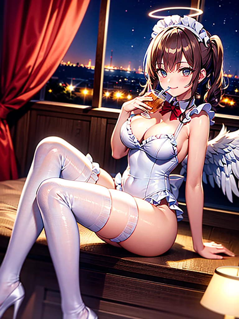 Highest Resolution,8K quality,Smiling beautiful girl in maid leotard,High leg,(((Frills))),White angel wings on your back,Halo,Bedroom,Night view outside the window,Very beautiful eyes,whole body,front,Knee-high stockings,Drink,