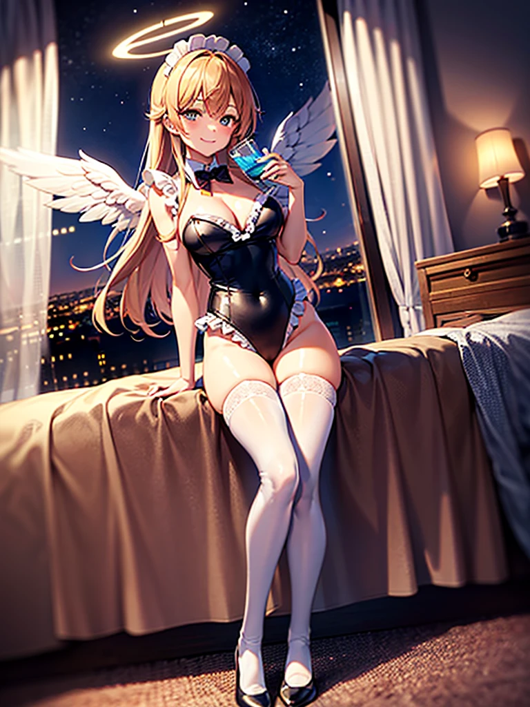 Highest Resolution,8K quality,Smiling beautiful girl in maid leotard,High leg,(((Frills))),White angel wings on your back,Halo,Bedroom,Night view outside the window,Very beautiful eyes,whole body,front,Knee-high stockings,Drink,