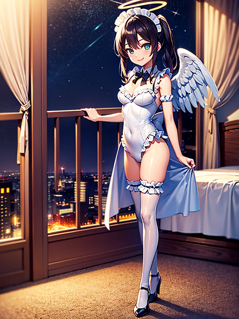 Highest Resolution,8K quality,Smiling beautiful girl in maid leotard,High leg,(((Frills))),White angel wings on your back,Halo,Bedroom,Night view outside the window,Very beautiful eyes,whole body,front,Knee-high stockings,Drink,