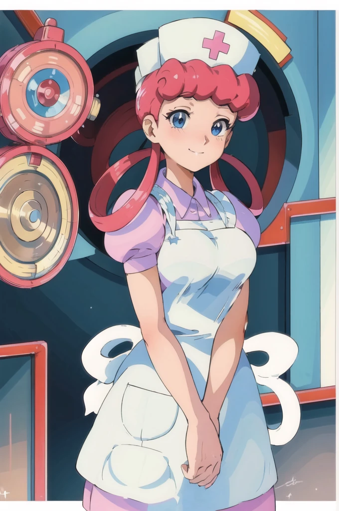 (masterpiece, Highest quality:1.2), nurse joy, Pokemon, blue eyes, Mouth closed, Long Hair, Pink Hair, Short sleeve, nurse, blush, Holding, puffy Short sleeve, Large Breasts, Puff sleeves,  nurse cap, One girl, View your viewers, smile, alone, Have, dress, apron, Hair Ring, clipboard 