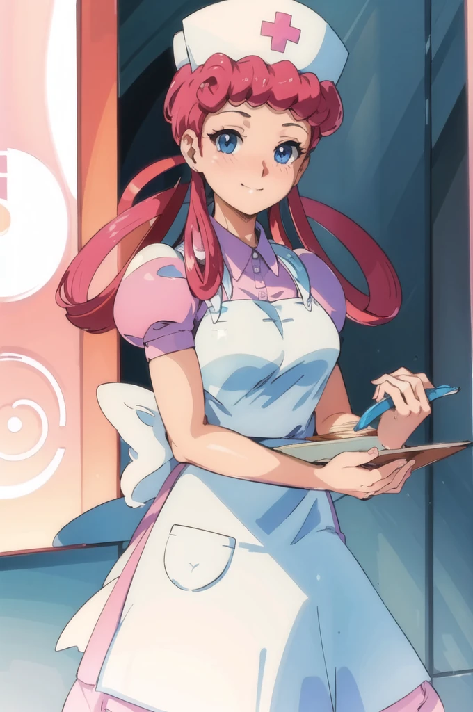 (masterpiece, Highest quality:1.2), nurse joy, Pokemon, blue eyes, Mouth closed, Long Hair, Pink Hair, Short sleeve, nurse, blush, Holding, puffy Short sleeve, Large Breasts, Puff sleeves,  nurse cap, One girl, View your viewers, smile, alone, Have, dress, apron, Hair Ring, clipboard 