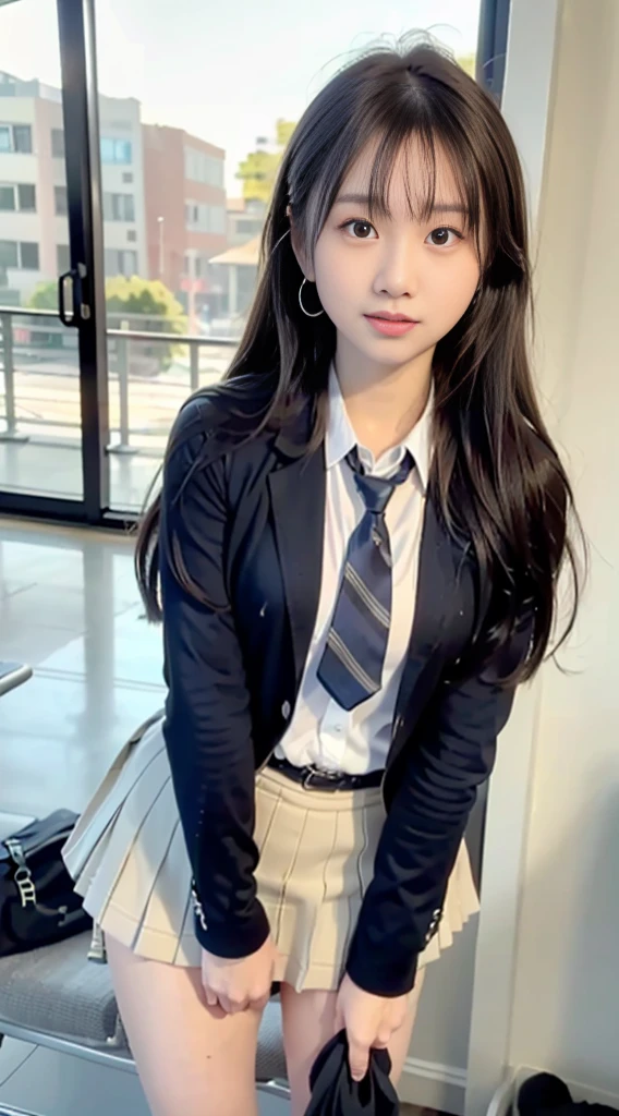 8k, top-quality, (pubic hair beauty)、hight resolution, realisticlying, realperson, Emphasis on the thighs、delicated face、cute face、a 20 yo woman、slim figure、huge tit、High school girl uniform、Outdoor Scene、Seats