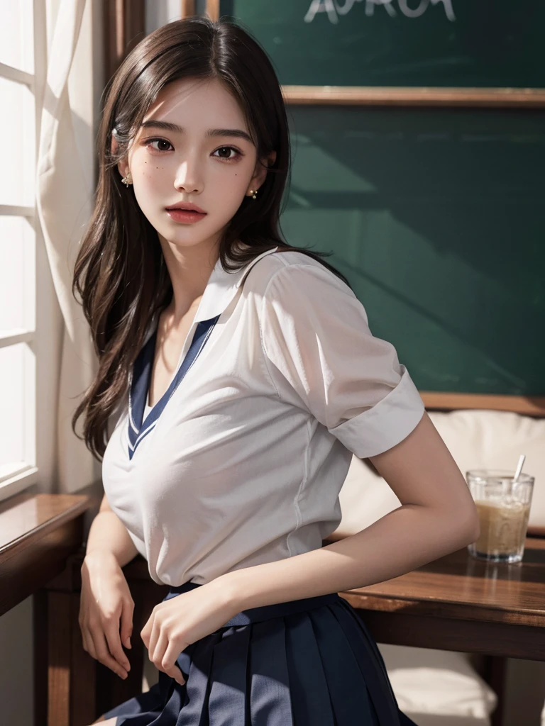 absurdres, RAW photo, extremely delicate and beautiful, masterpiece, Best Quality, ultra high resolution, 32k, hyperrealistic, ultra-detailed, perfect anatomy, super Detailed skin, perfect figure, Super Beauty, Perfect Style, Perfect balance, 20 years old, very small head, very small face, delicate facial features, detailed face, detailed eyes, tearful mole, earring, very huge round breasts, legs, medium hair, whole body shot, indoor, ((school_uniform)),