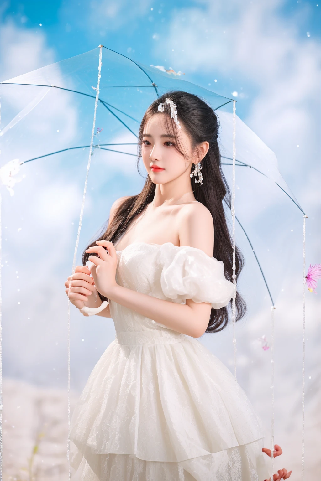 there is a woman in a white dress holding an umbrella, white hanfu, inspired by Huang Ji, dilraba dilmurat, official artwork, fantasy photoshoot, full body xianxia, wearing organza gown, raining, ethereal beauty, close - up studio photo, sha xi, fanart, portrait image, umbrella, ethereal lighting - h 0