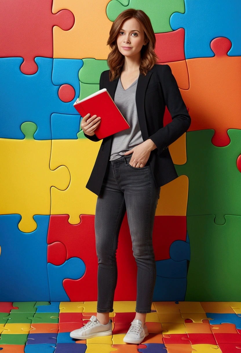 3D PIXAR STYLE POSTER. WOMAN 35 YEARS OLD, with light skin, MEDIUM BROWN HAIR ON THE SIDE, eyes browns, black blazer, black jeans pants, gray shirt, White sneakers, notebook in hand, COLORFUL BACKGROUND WITH RED PUZZLE, Unripe, azul e amarelo