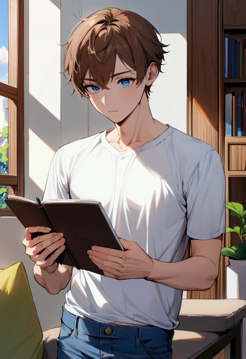 1man with short brown hair, blue eyes, tall, , white t shirt, jeans, hold notebook, living room