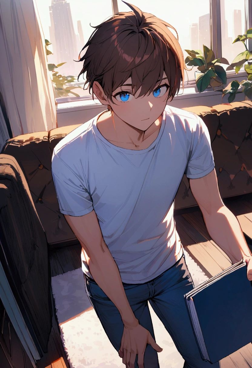 1man with short brown hair, blue eyes, tall, , white t shirt, jeans, hold notebook, living room