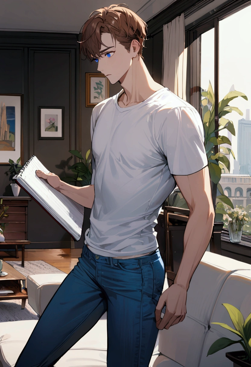 1man with short brown hair, blue eyes, tall, , white t shirt, jeans, hold notebook, living room