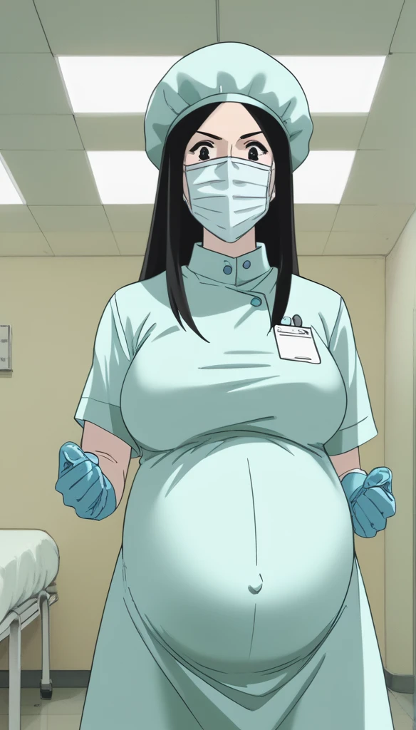 score_9, score_8_up, score_7_up, source_anime, raw image, masterpiece, highest quality, kasuganoray, pale skin, shocked eyes, long black hair, big breasts, scrubs, surgical mask, bouffant cap, long sleeve maternity dress, put on another long sleeved coat, seamless, navel head, the dress isn't wrinkled, long white stockings,
1girl, pregnant, solo, long rubber gloves, looking down, look at viewer, furrowed brow, hospital bed, light shines from the ceiling, standing, patient room background, she is inquiring about the patient's condition
