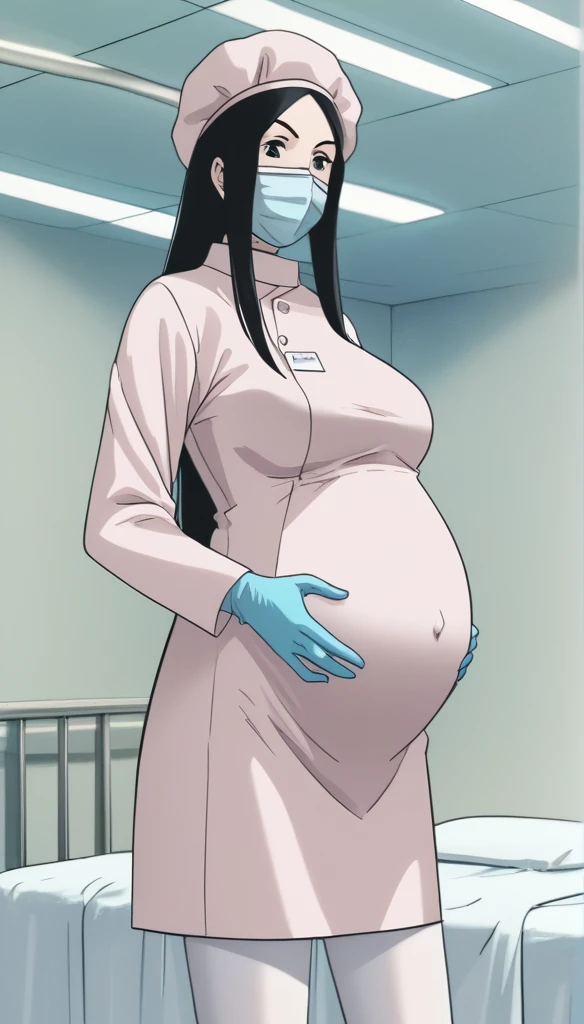 score_9,  score_8_up, score_7_up, source_anime, raw image, masterpiece, highest quality, kasuganoray, pale skin, shocked eyes, long black hair, big breasts, scrubs, surgical mask, bouffant cap, long sleeve maternity dress, put on another long sleeved coat, seamless, navel head, the dress isn't wrinkled, long white stockings,
1girl, pregnant, solo, long rubber gloves, looking down, look at viewer, furrowed brow, hospital bed, light shines from the ceiling, standing, patient room background, she is inquiring about the patient's condition