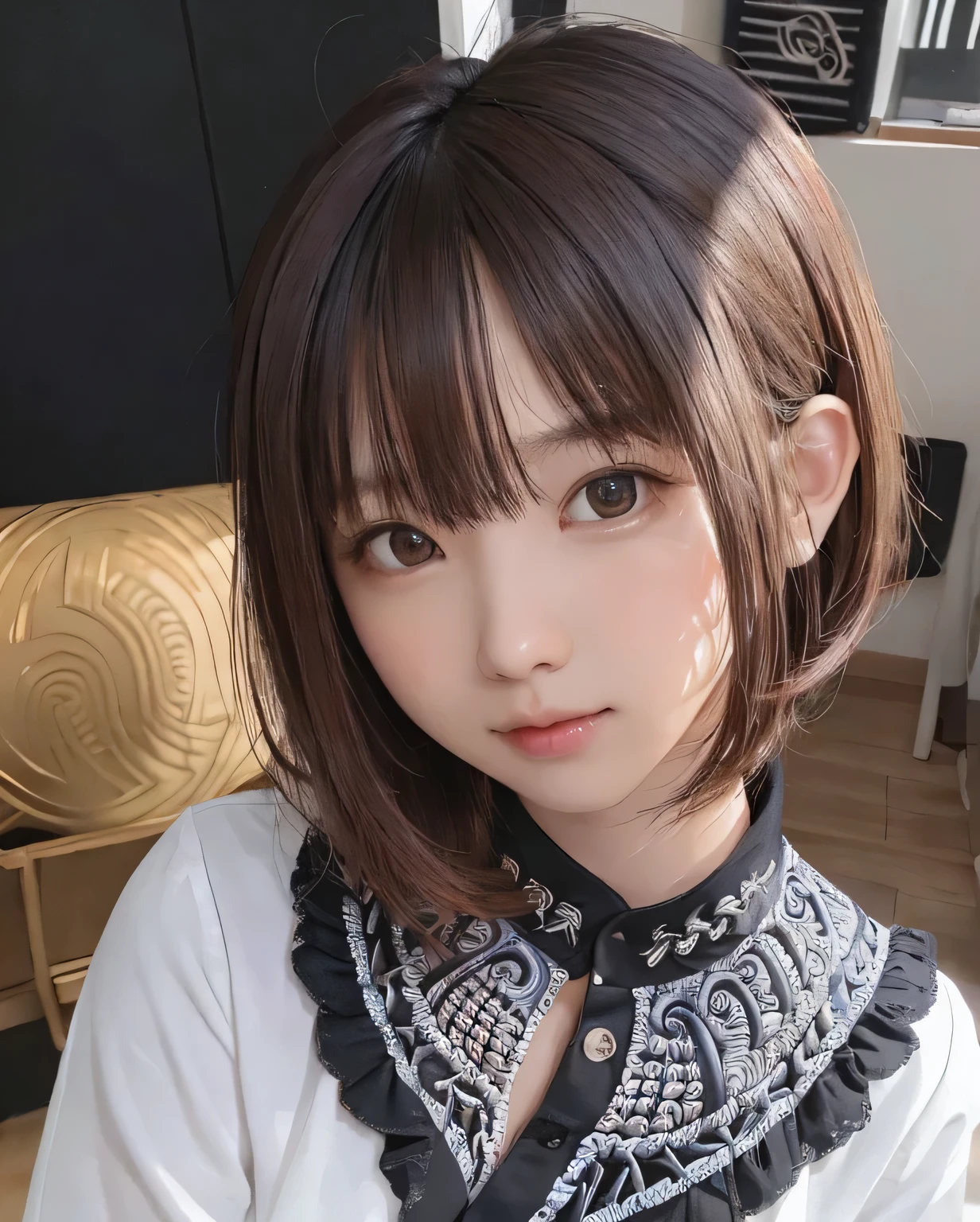 (Chiaroscuro:1.3)、8k、masterpiece、Highest quality、High resolution、Super Resolution、Very detailed、 ((Upper Shot)) 、(1 female、、slim、thin、Flat Body)、(Ahoge:1.3)、((Zentangle Background))、