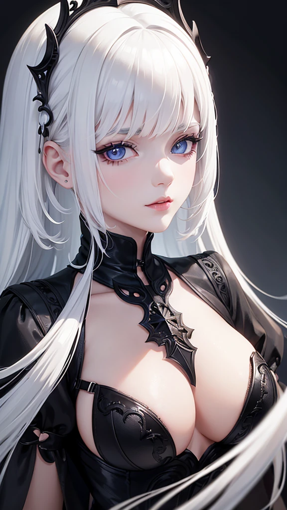 girl with white hair,with bangs, black gloves, gothic,4K, masterpiece, perfect body, stem,perfect eyes, perfect shading, perfect lighting, best quality, work of art, ultra detailed, detailed clothing