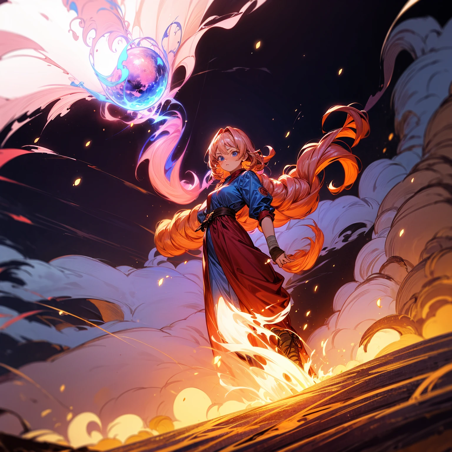 1woman, 1character, woman version, blue eyes, long Curly haircut, pink colour hair, Ancient Roman clothing, red colour clothing, long dress, boots, Bandage on hand, Grassroots, background in field town, motion blur, fire burned in hand, (dragon ball style art), (high angle view), smoke effect, aura effect, blue lighting, (the largest blue fireball), Moonlight, moon, blue fireball light silhouette, blue fire, lightning flash, plasma effect 