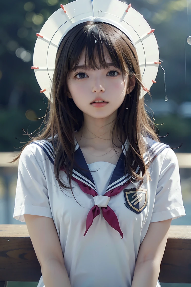 Browsing Caution, 8K RAW Photos, ((Sailor suit))Highest quality, masterpiece,Cute Face、dual、 Laughter、Cute Face、Ultra-high resolution, Film Grain, movie, One Girl, Looking at the audience, Natural skin texture, Realistic eye and facial details, Perfect teeth alignment、Perfect eyes and a perfect mouth、 Bans, School Swimsuit、Lips parted, Lips,Raindrops、Clothes are disheveled、Esbian all over body