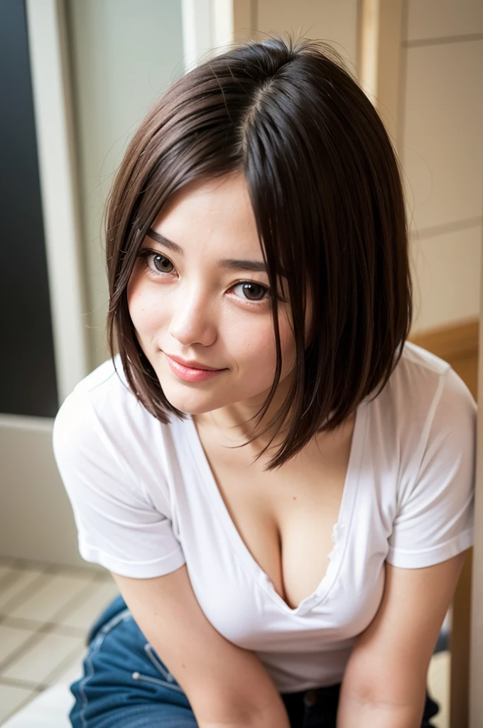 Top quality, 1 beautiful woman, super short Hair, shy Smile, wearing t-shirt, From Above, sexy