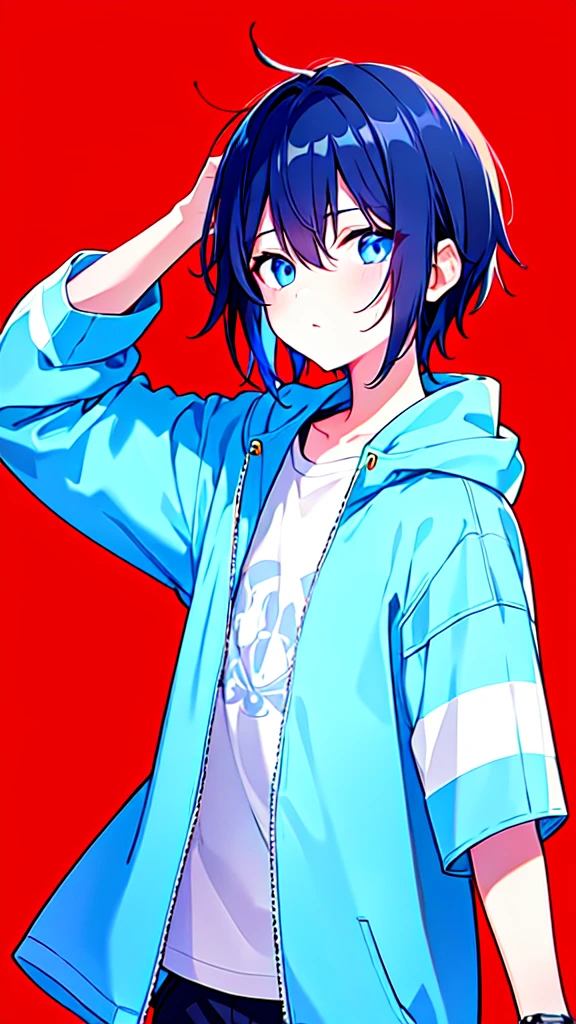 [(RED BACKGROUND:1.5),::5], ((((masterpiece)))), high quality, ultra very high resolution, full color, (((solo))), ((little boy)), BLACK hair, (Blue streaked hair), (oriental deepblue eyes), anime, ((upper body)), Summer clothes, neon light, black parka, 