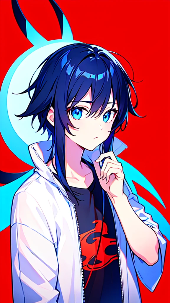 [(RED BACKGROUND:1.5),::5], ((((masterpiece)))), high quality, ultra very high resolution, full color, (((solo))), ((little boy)), BLACK hair, (Blue streaked hair), (oriental deepblue eyes), anime, ((upper body)), Summer clothes, neon light, black parka, 