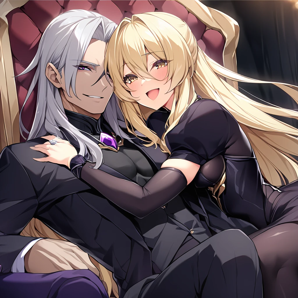 ((Highest quality)), ((masterpiece)), (detailed), (Perfect Face)、The woman has dark complexion, medium-long silver hair, is wearing an engagement ring, and is hugging the man with a happy expression.、The man is the evil leader, Naioro, a handsome man with medium-long blonde hair, wearing a black bodysuit and embracing a woman.、A man and a woman are sitting close together on a luxurious throne、A man and a woman are a deeply loving couple