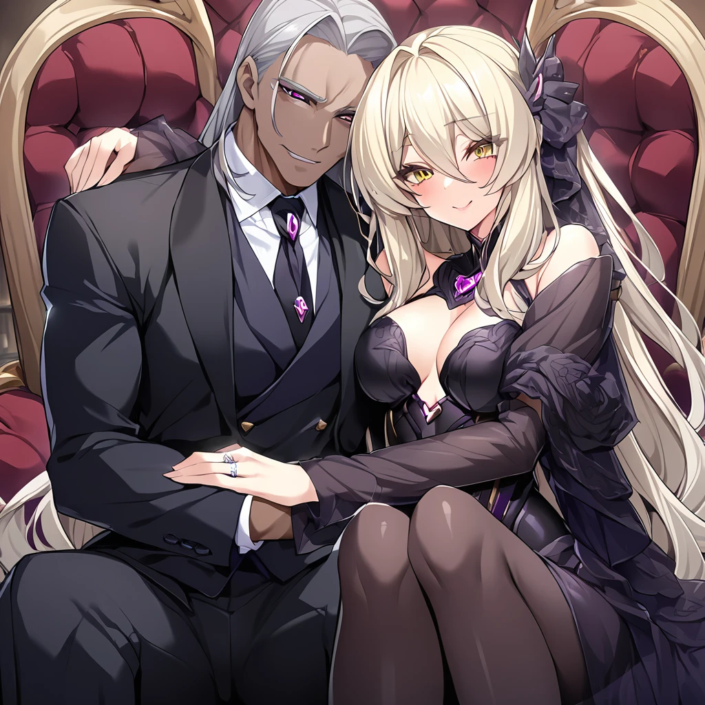 ((Highest quality)), ((masterpiece)), (detailed), （Perfect Face）、The woman has dark complexion, medium-long silver hair, is wearing an engagement ring, and is hugging the man with a happy expression.、The man is the evil leader, Naioro, a handsome man with medium-long blonde hair, wearing a black bodysuit and embracing a woman.、A man and a woman are sitting close together on a luxurious throne、A man and a woman are a deeply loving couple