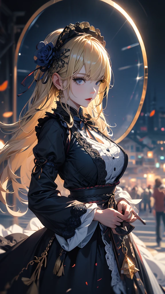 masterpiece, high quality, 4K, Beautiful design, silhouette，blonde， 非常に詳細な夜のStarry Sky,Flower Field， wonderful, Finer details,  Very knowledgeable woman, Highly detailed solo, 1 female,Big Breasts，Gothic Lolita Fashion，Hold the fan in front of your chest.，Night view，Starry Sky，full moon，