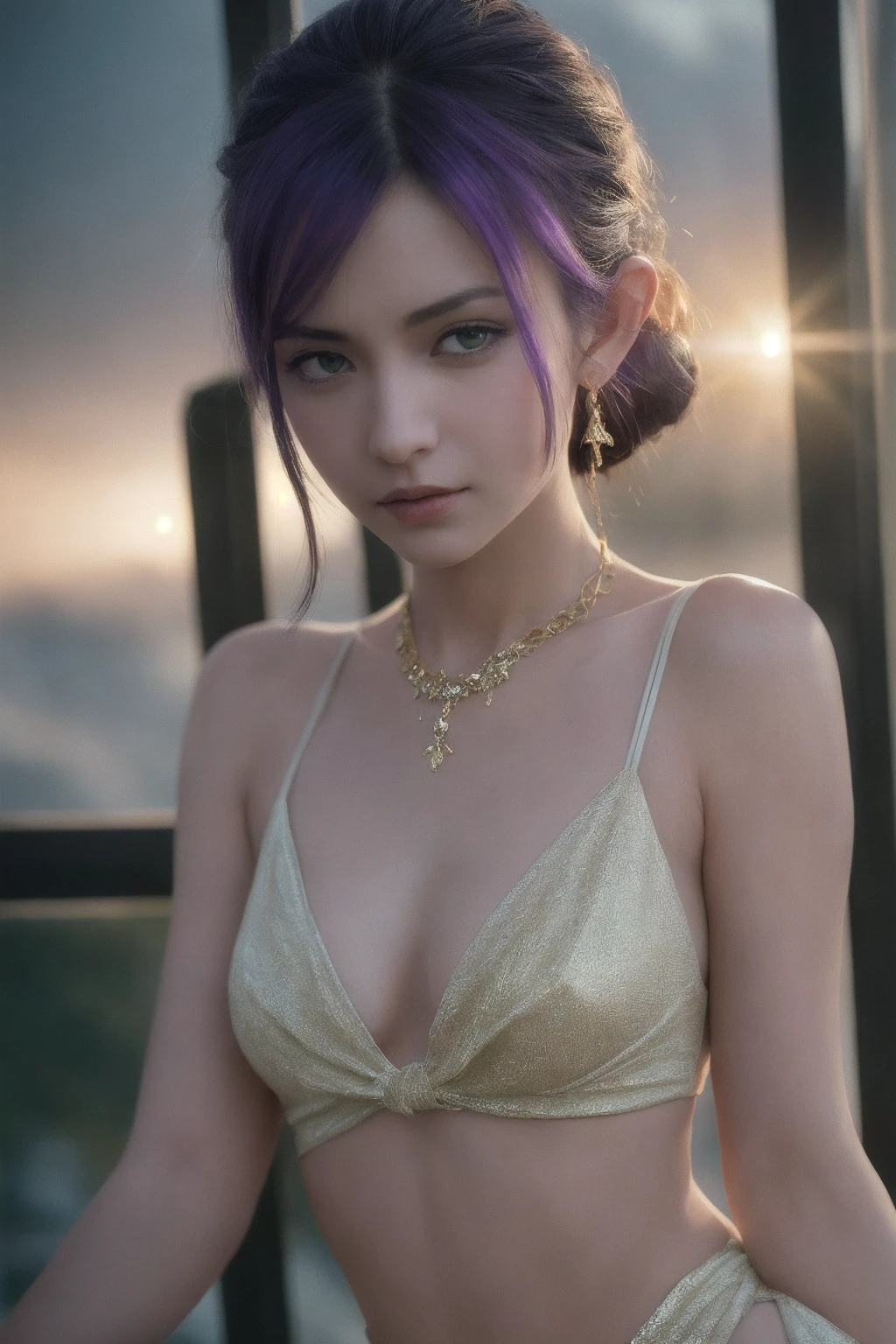 cinematic film, Realistic photograph, shallow depth of field, vignette, highly detailed, high budget, bokeh, cinemascope, moody, epic, gorgeous, film grain, grainy, 
A romantic action movie still portrays a distant, candid shot of a female character with long, purple hair that is tied up chignon style.
The background is dominated by deep green and purples mountainscape, with a large green visible sun in the dusk sky, creating a mysterious and dramatic atmosphere.
The character's face is reminscent of a celebrity, with a small nose, adorable look.  She has a flirting smirk visage,with penetrating knowing eyes and striking features.
She wears a sheer, skimpy outfit with abundant tiny and delicate gold body chains, delicate jewelry, and mediums-sized elf-like ears. sunrays backlight the gorgeous young woman.
cinematic film, Realistic photograph, shallow depth of field, vignette, highly detailed, high budget, bokeh, cinemascope, moody, epic, gorgeous, film grain, grainy, 
