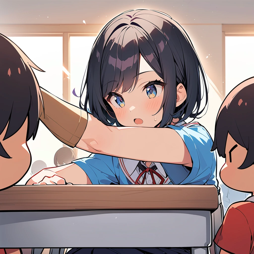 1 girl、(Black Hair、short hair:1.2)、(high school student、uniform)、(Arm wrestling with friends:1.3)、Brave look、School classroom、(Highest quality、masterpiece、High resolution、detailed)animeスタイル、Flat Style、(Shining Eyes、detailed美しい顔),  break,anime