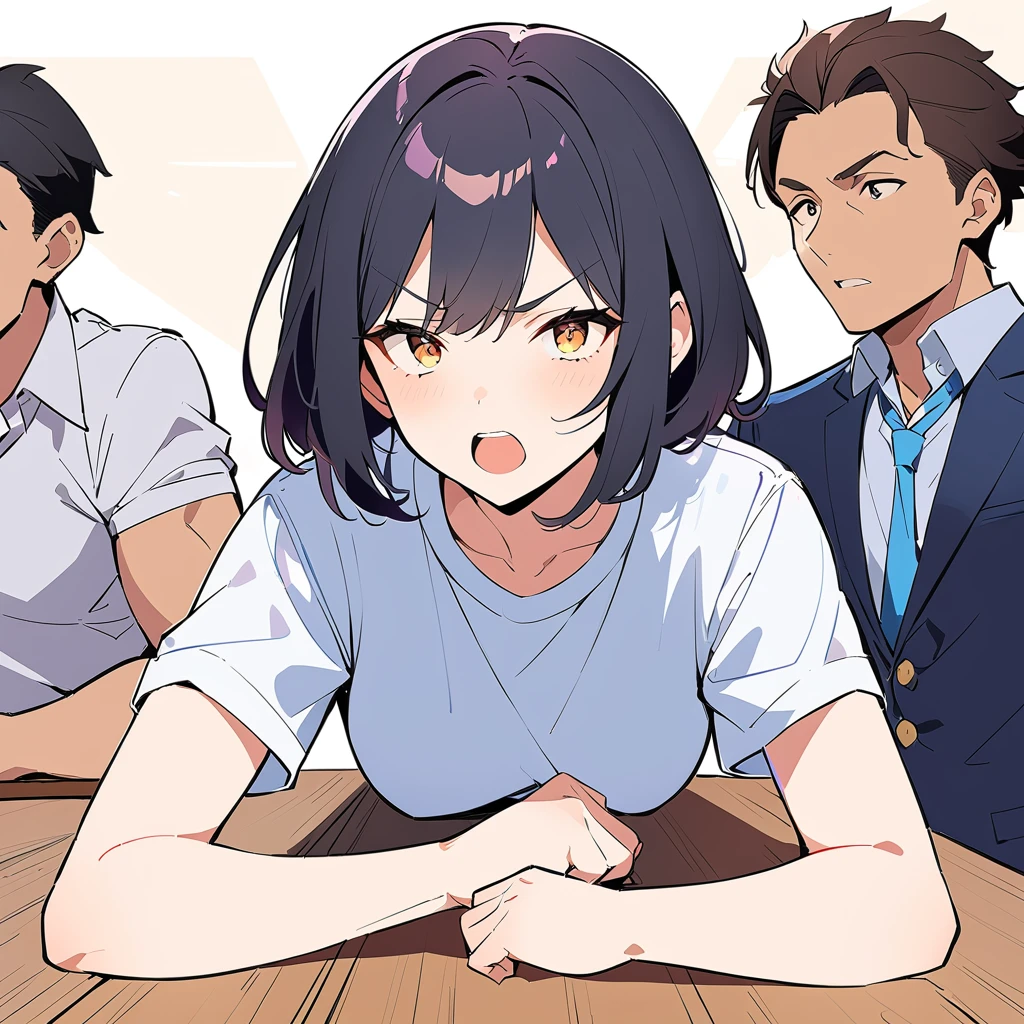 1 girl、(Black Hair、short hair:1.2)、(high school student、uniform)、(Arm wrestling with friends:1.3)、Brave look、School classroom、(Highest quality、masterpiece、High resolution、detailed)animeスタイル、Flat Style、(Shining Eyes、detailed美しい顔),  break,anime