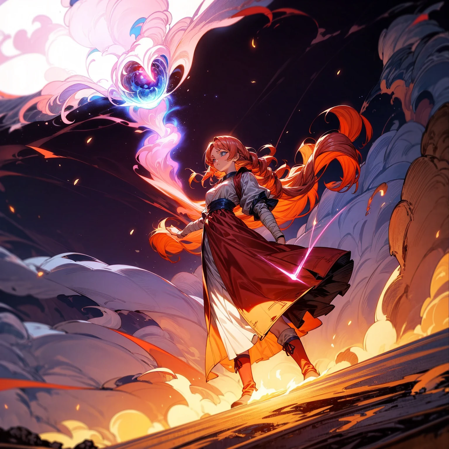 1woman, 1character, woman version, blue eyes, long Curly haircut, pink colour hair, Ancient Roman clothing, red colour clothing, long dress, boots, Bandage on hand, Grassroots, background in field town, motion blur, fire burned in hand, (dragon ball style art), (high angle view), smoke effect, aura effect, blue lighting, (the largest blue fireball), Moonlight, moon, blue fireball light silhouette, blue fire, lightning flash, plasma effect 