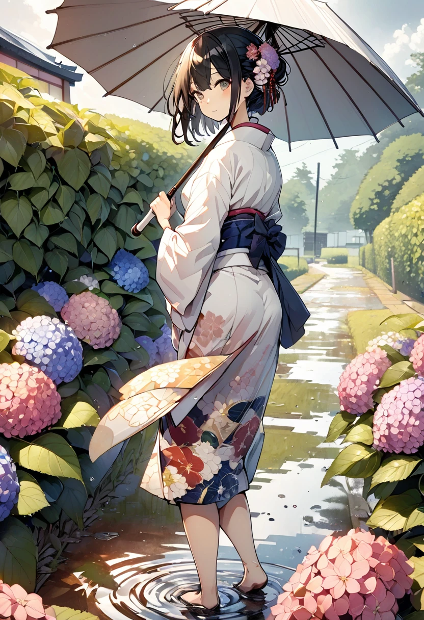 (One japanese woman:1.5), (Adult japanese women:1.5), (slender:1.3), Black Hair, Super short hair, Wearing a floral pattern yukata, Holding a white Japanese umbrella, Backshot, Look back at the camera, Hydrangea in the foreground, Looking at hydrangeas, Sky after rain, Puddle on the ground